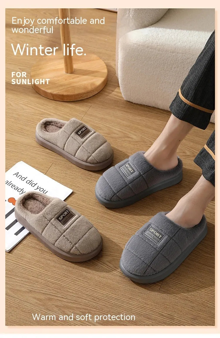 Men's plaid winter slippers with rabbit hair upper, EVA sole, and artificial wool lining in grey colour