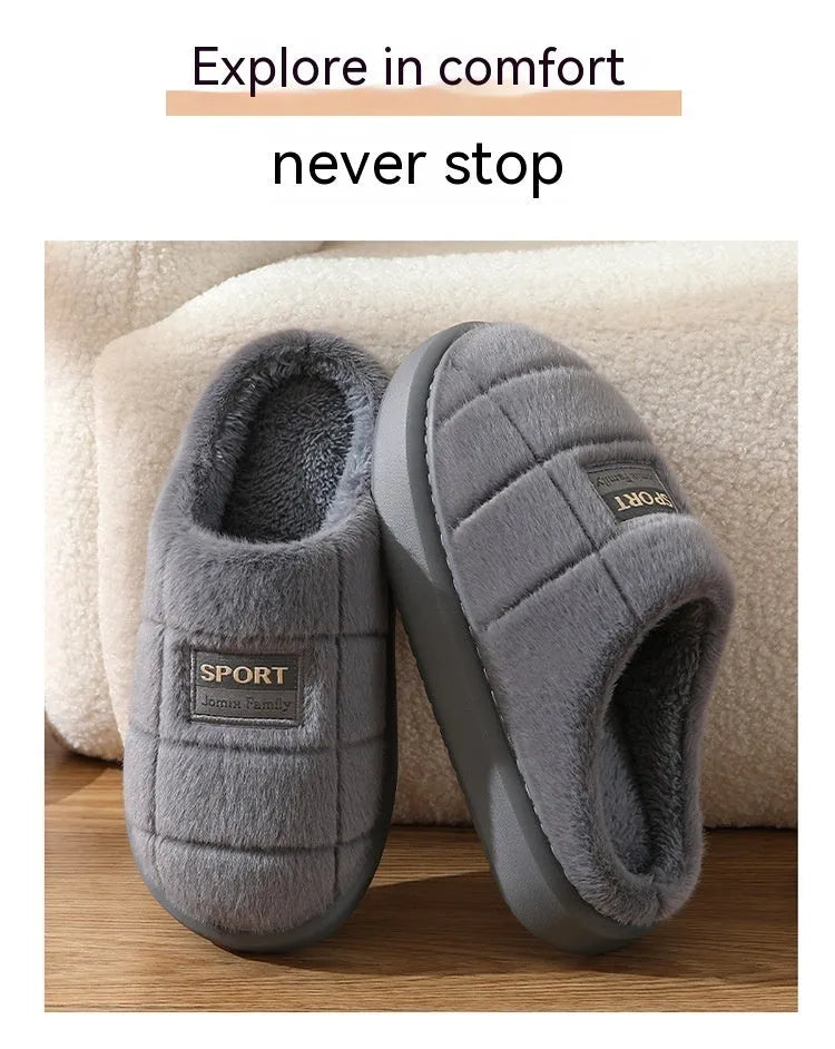 Men's plaid winter slippers with rabbit hair upper, EVA sole, and artificial wool lining in grey colour