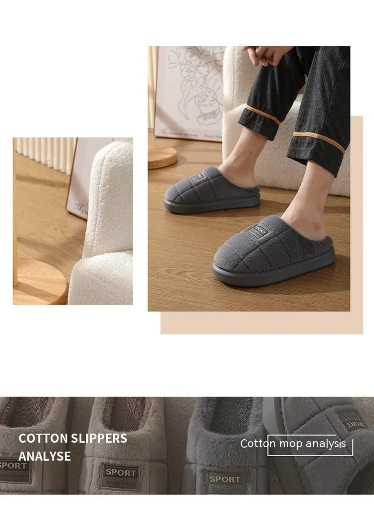 Men's plaid winter slippers with rabbit hair upper, EVA sole, and artificial wool lining in grey colour