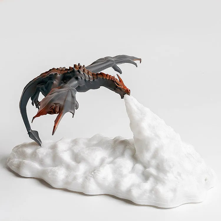 3D printed red fire-breathing dragon shape night light glowing on a dark surface