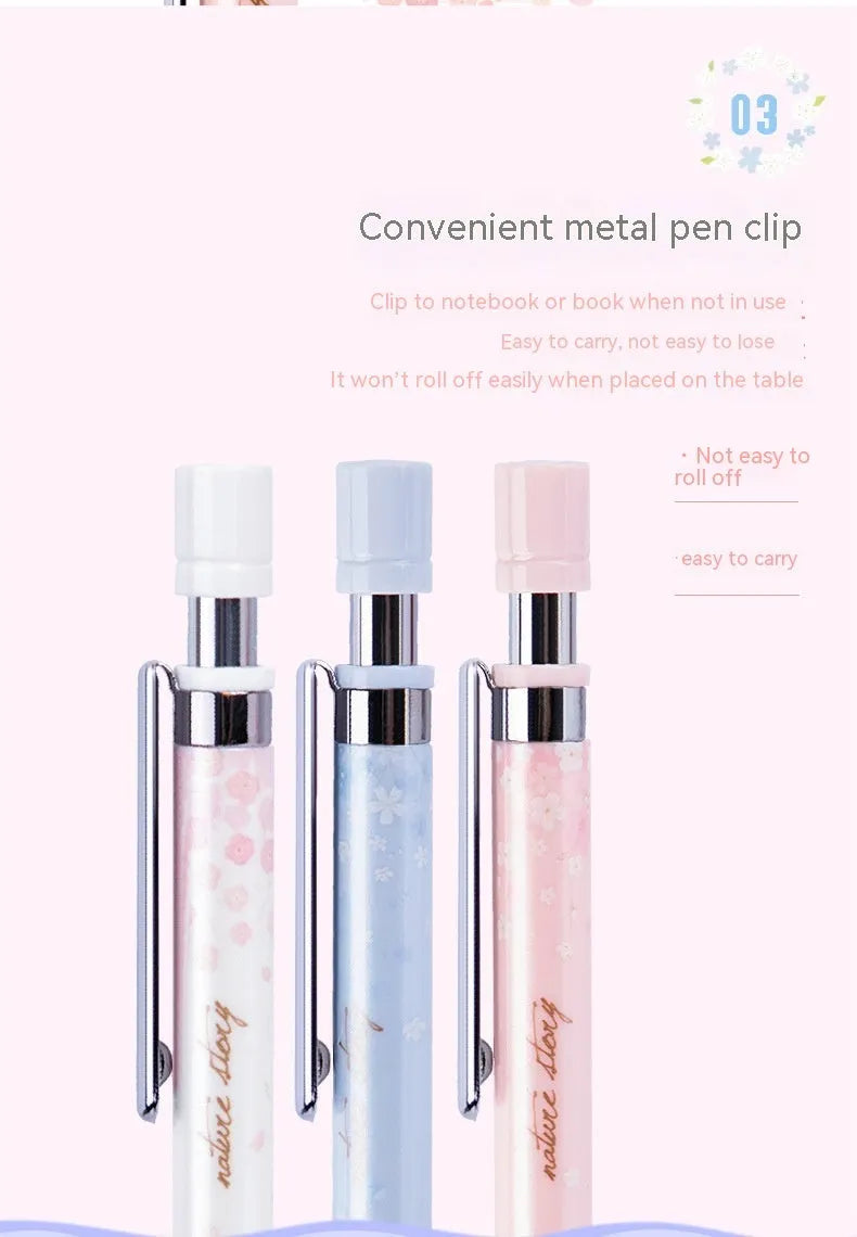 Simplified 0.5mm cartoon automatic pencil set showing three mechanical pencils and HB refill boxes