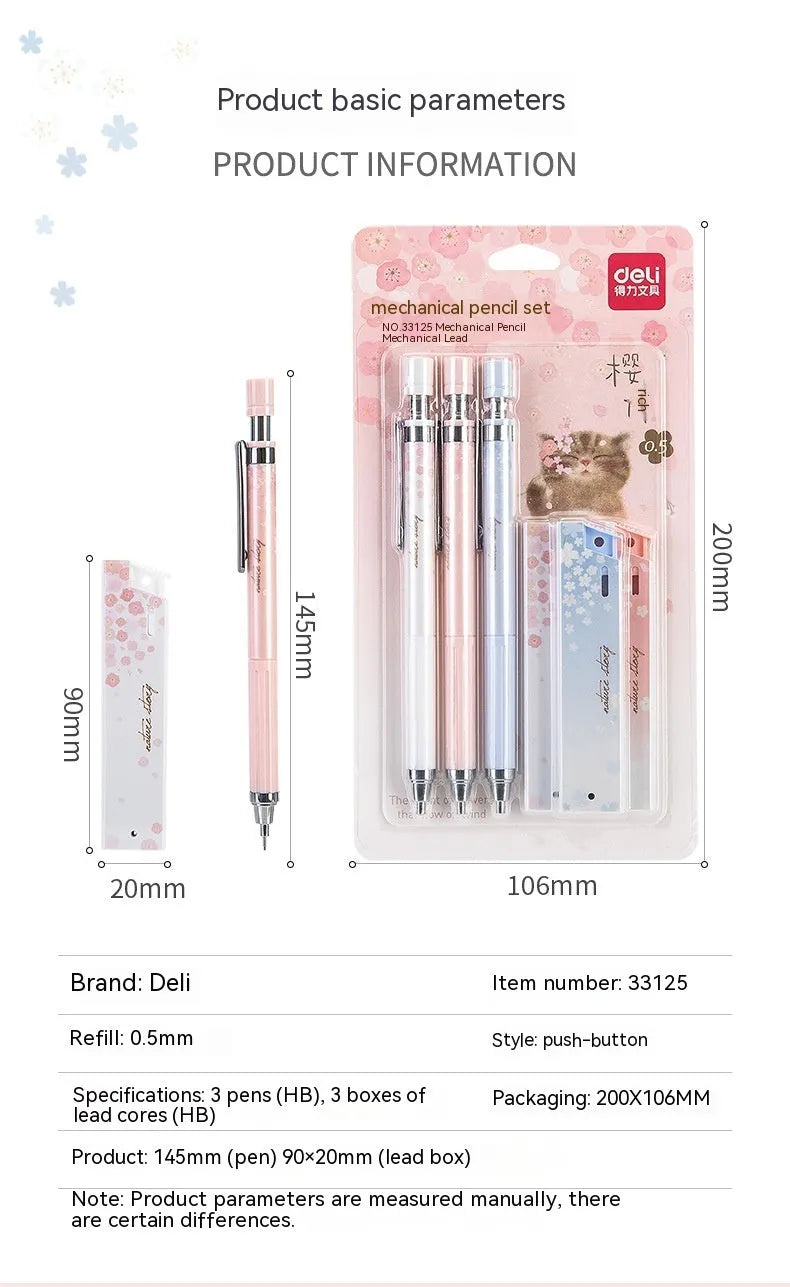 Simplified 0.5mm cartoon automatic pencil set showing three mechanical pencils and HB refill boxes