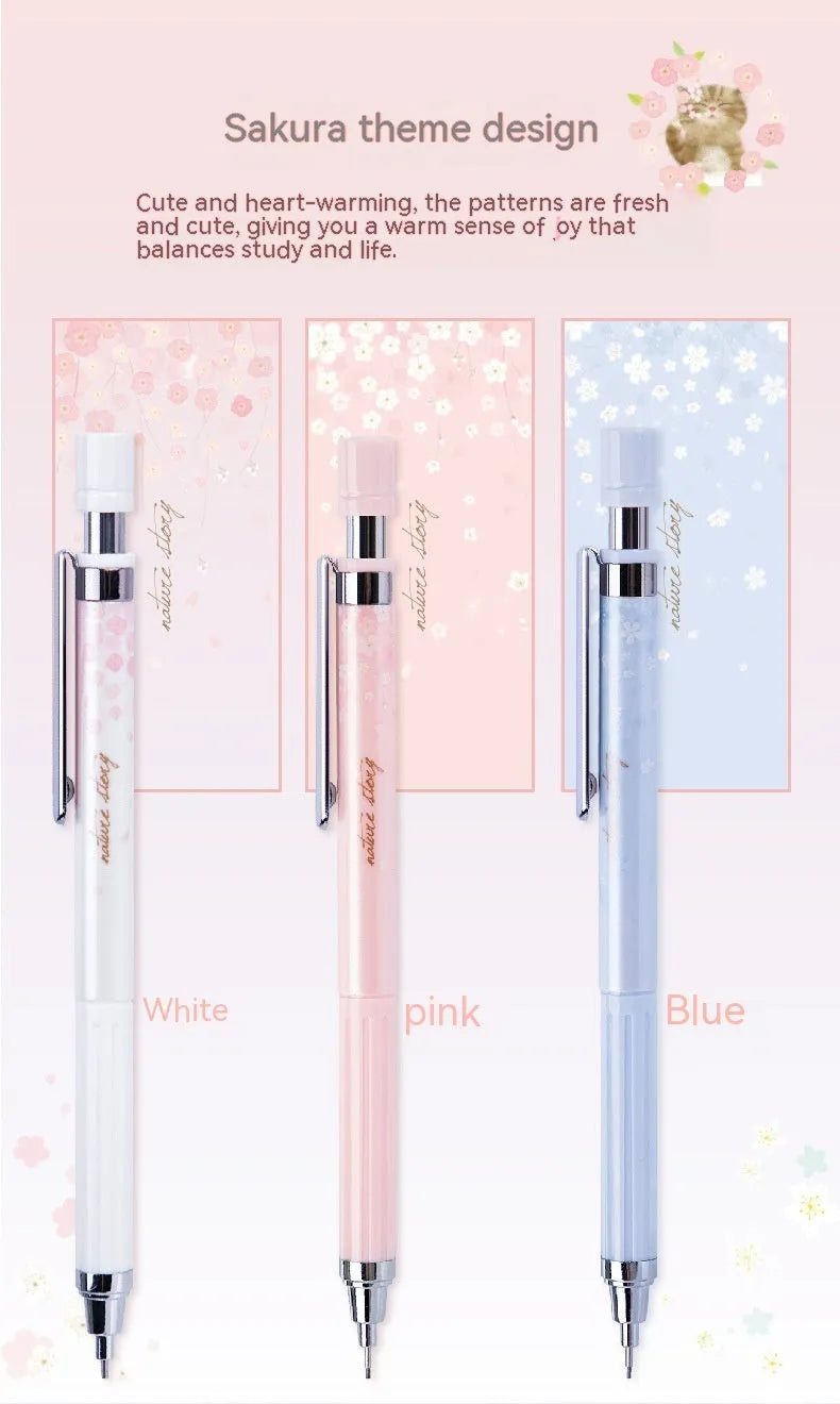 Simplified 0.5mm cartoon automatic pencil set showing three mechanical pencils and HB refill boxes