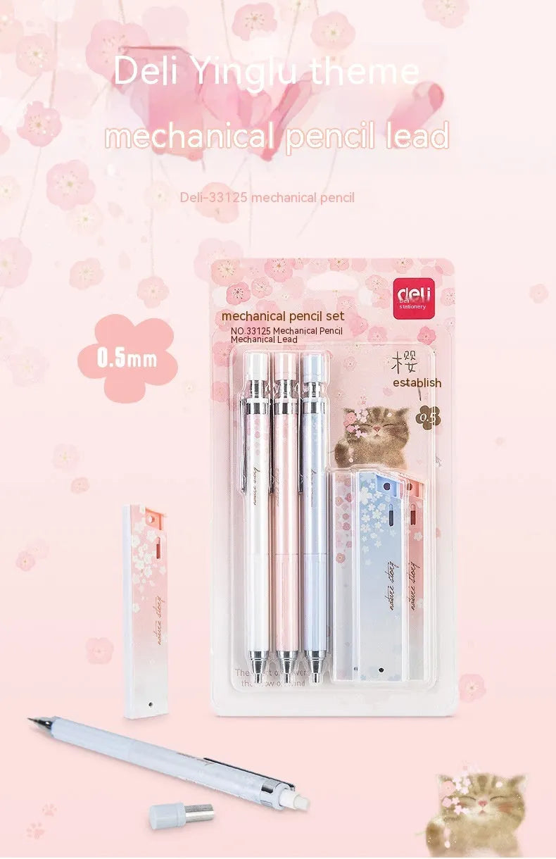 Simplified 0.5mm cartoon automatic pencil set showing three mechanical pencils and HB refill boxes
