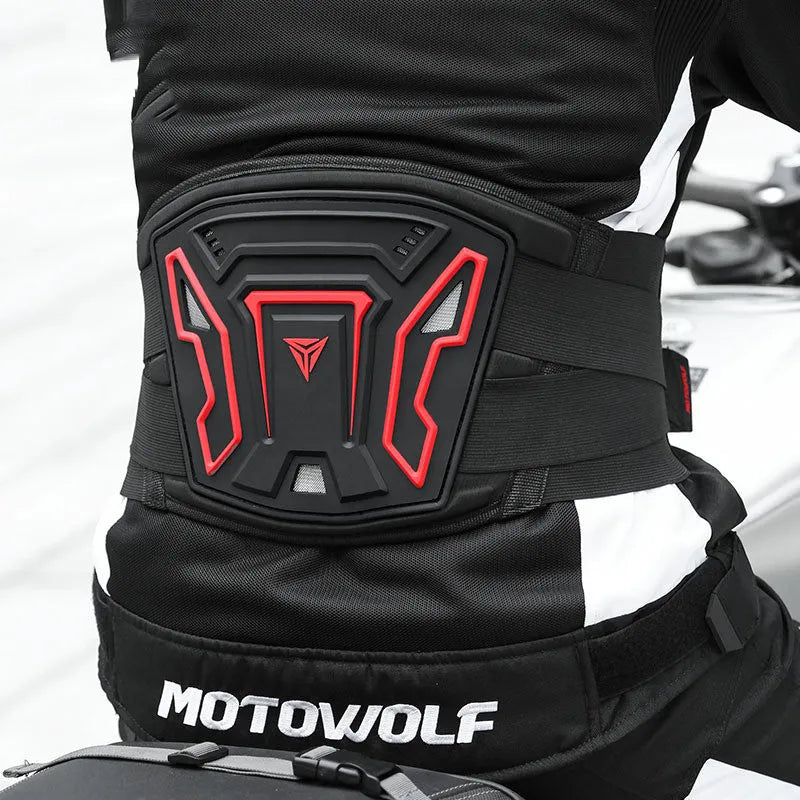 MDL1028 black and red motorcycle waist support harness for long-distance riding.