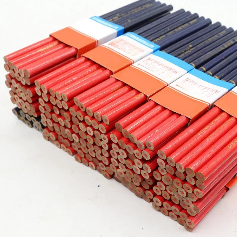 Pack of ten round red and blue wooden carpenter pencils for woodworking marking.