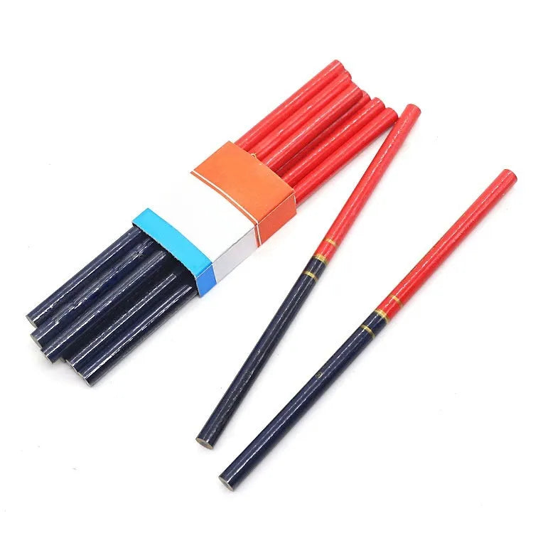 Pack of ten round red and blue wooden carpenter pencils for woodworking marking.