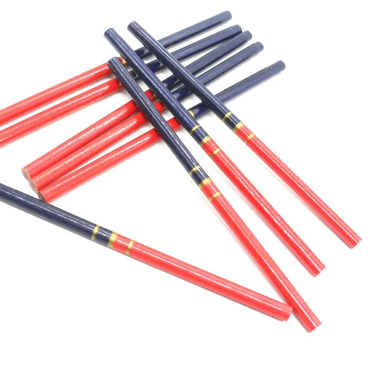Pack of ten round red and blue wooden carpenter pencils for woodworking marking.