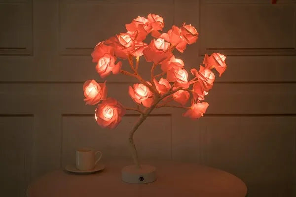 White and red rose flower shaped LED table lamp with bonsai tree garland lights, powered by battery or USB.