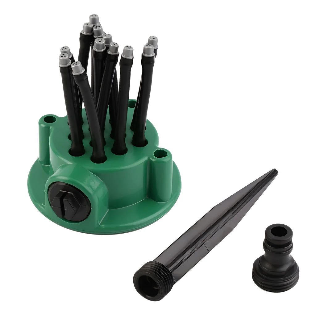 Green plastic adjustable lawn sprinkler with flexible watering noodles on a 9cm base.
