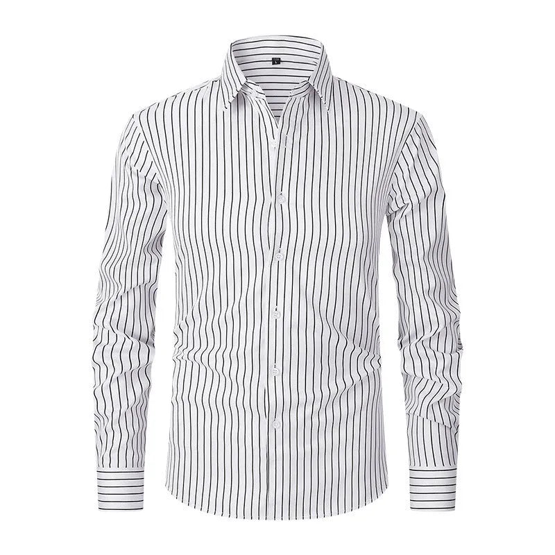 Men's striped long sleeve shirt with slim fit design in polyester blend fabric for business formal wear