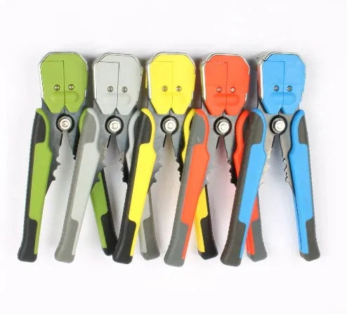 Yellow automatic wire stripper crimping pliers with alloy steel jaws for 10-24 AWG wires and adjustable screw
