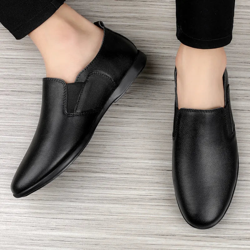 Men's black leather business casual shoes with round toe and breathable construction