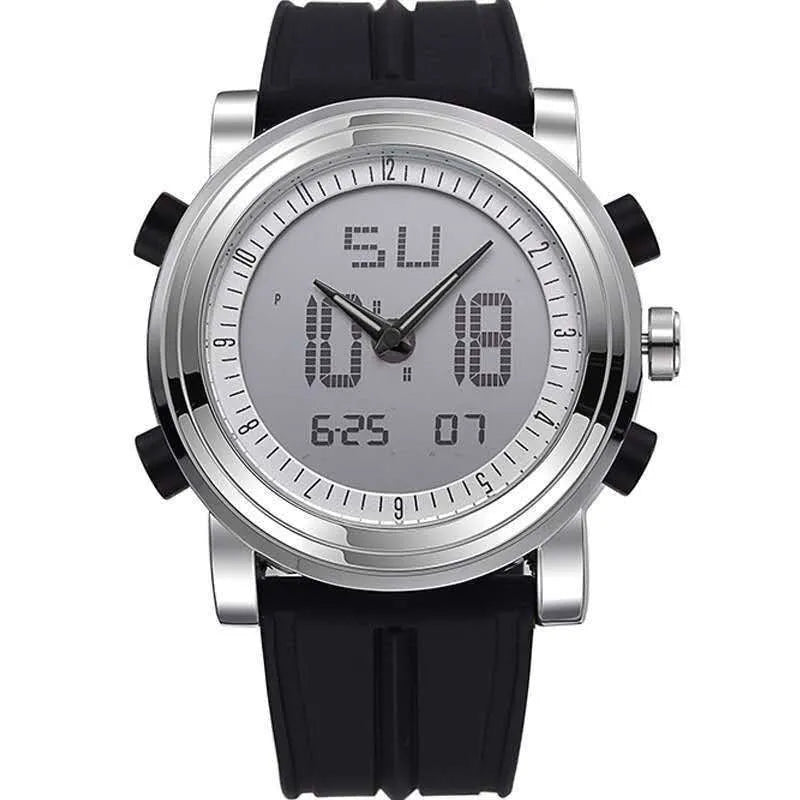 Dual display electronic watch with luminous hands and digital readout on 47mm dial