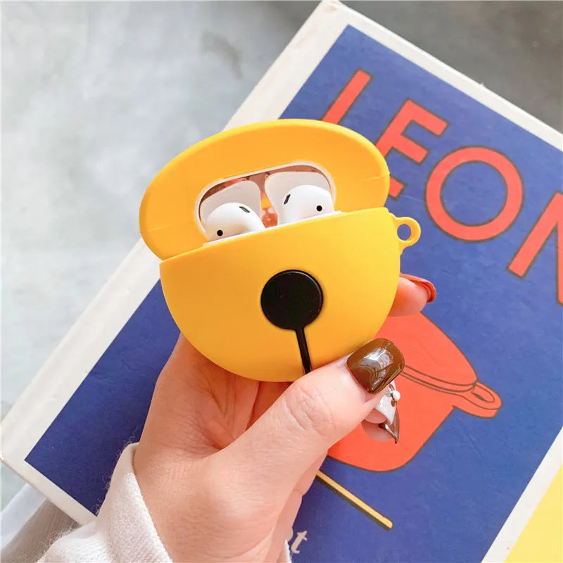 Yellow bell-shaped silicone protective case for AirPods 1st and 2nd generation with a keyring hole.