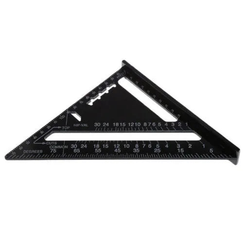 Black aluminium triangle ruler square showing 90 and 45 degree angles with metric and imperial scale markings.
