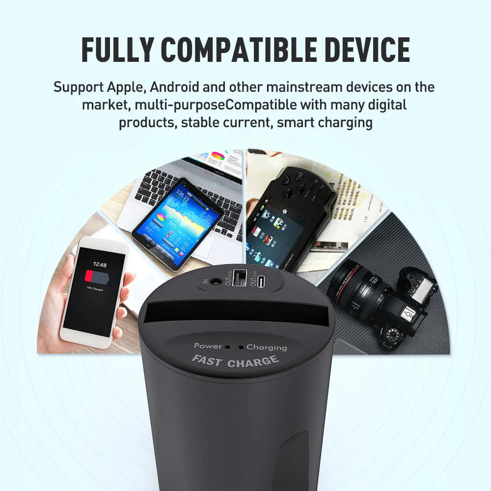 Black X9 car wireless charging cup and mount on a car dashboard with charging indicator light on.