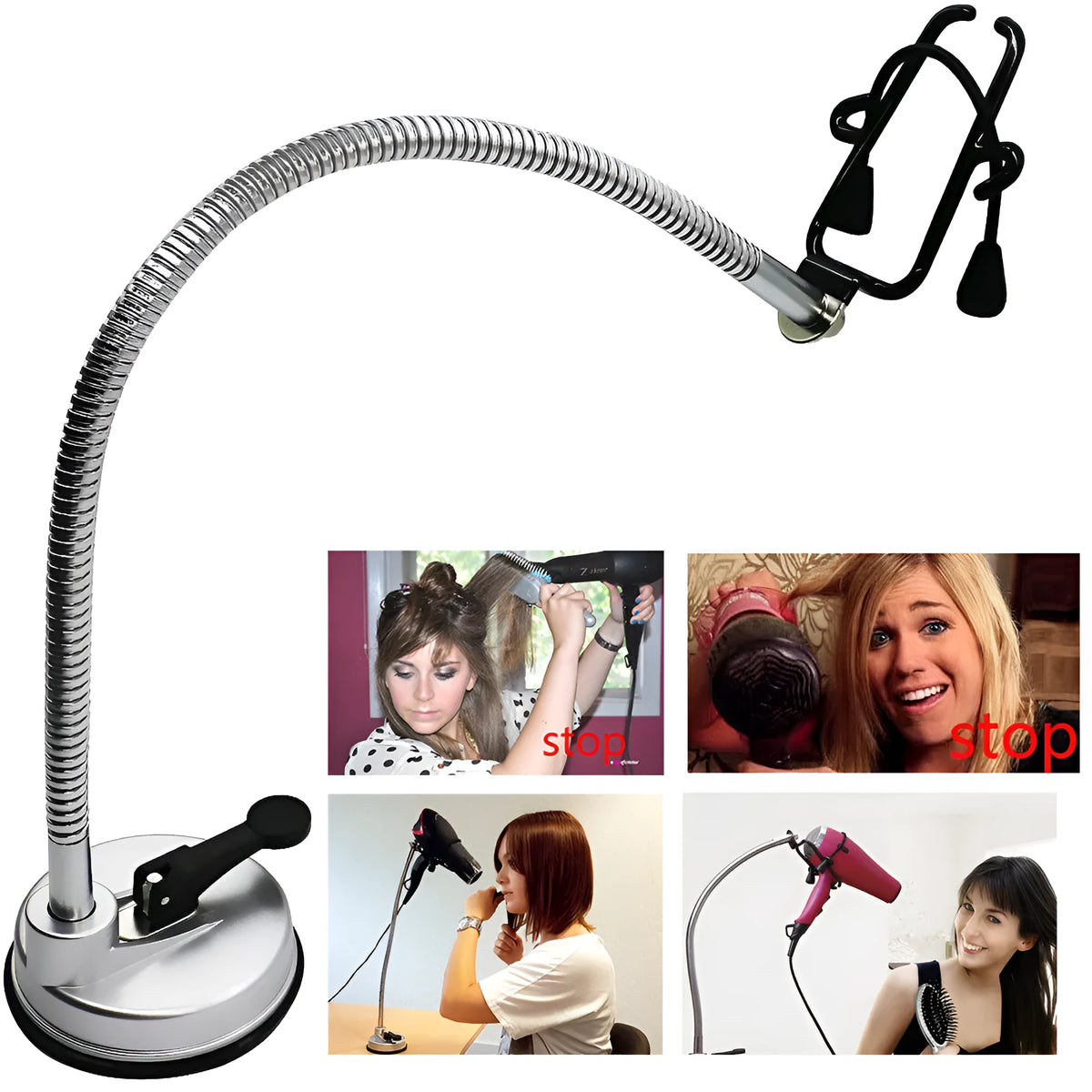 Stainless steel hair dryer holder stand with suction cup base, 360 degree rotating head, 83cm long, 0.85kg