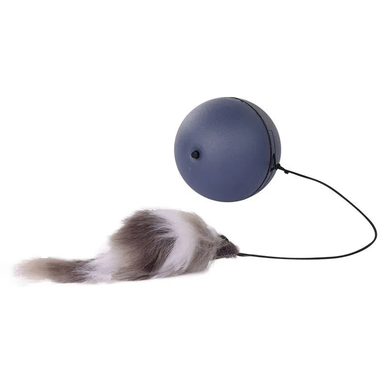 Automatic cat teasing ball toy with plush mouse attachment in blue orange and dark grey