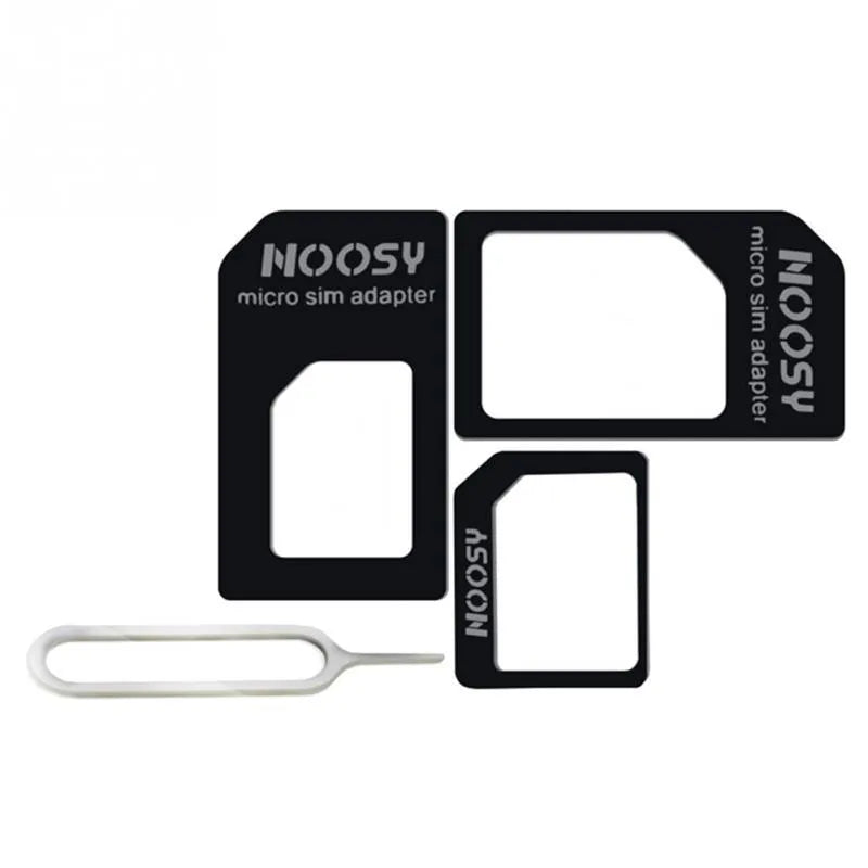 Three-piece SIM card adapter kit in black and white PC plastic for Standard, Micro, and Nano-SIM conversion.