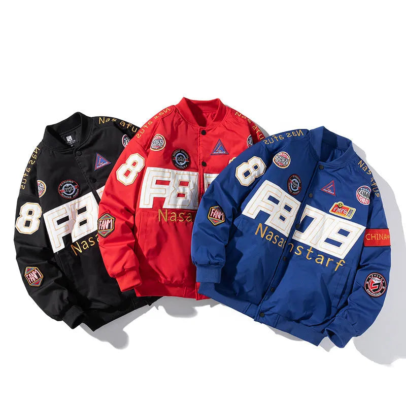 Autumn winter motorcycle baseball uniform jacket in black, red, or blue with detachable hood and side seam pockets
