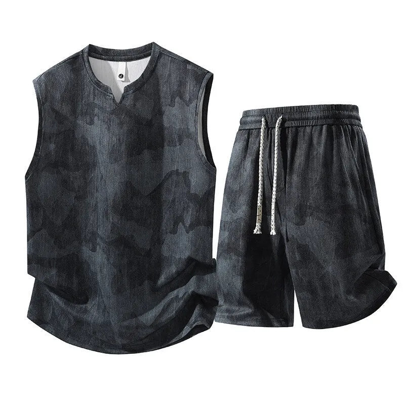 Sleeveless vest and shorts two-piece casual suit in hemp quick-drying fabric for larger sizes