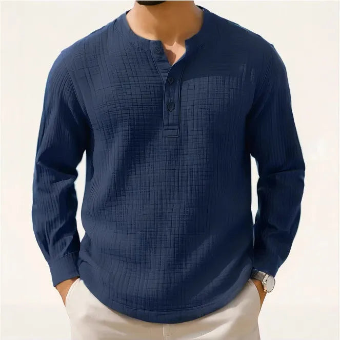 Long sleeve linen blend shirt in slim fit with 3/4 sleeves and round neck
