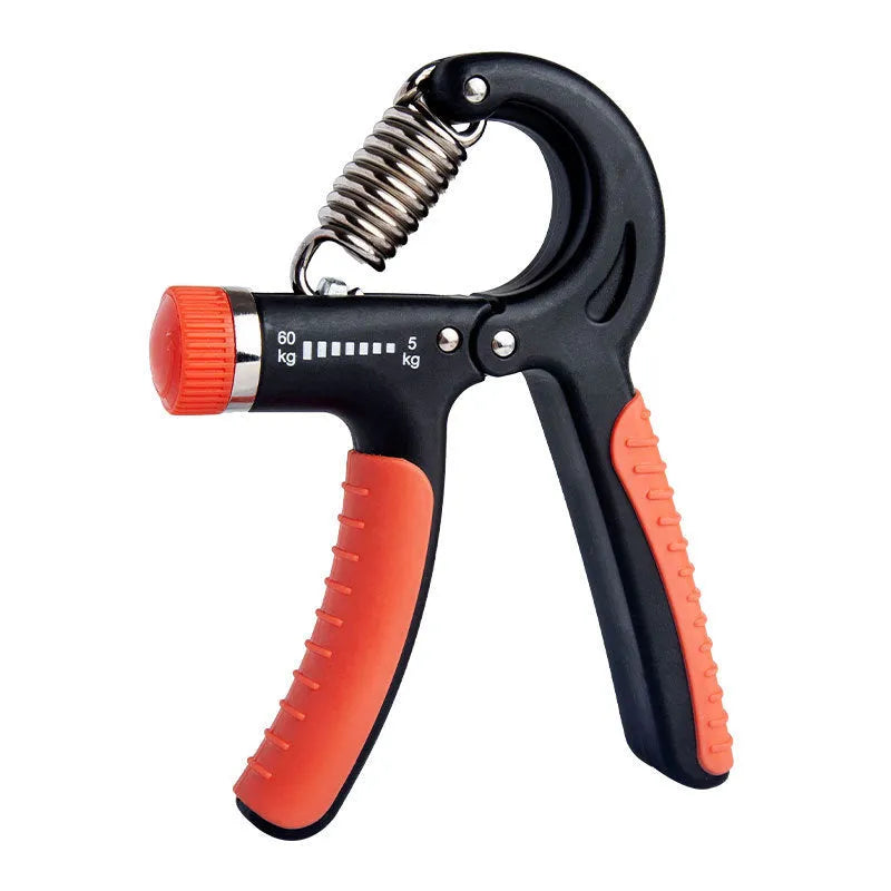 Black adjustable hand gripper with digital counter showing resistance dial and TPR handles