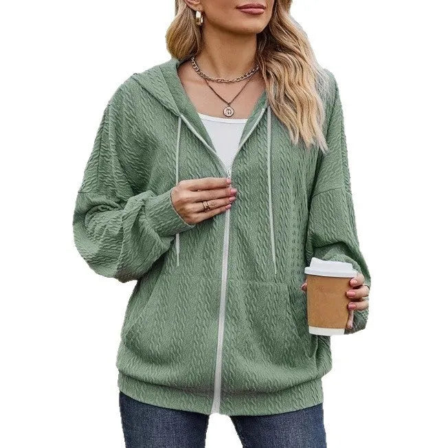 Green hooded zipper coat with loose fit, long sleeves, and full-length front zip for autumn winter wear
