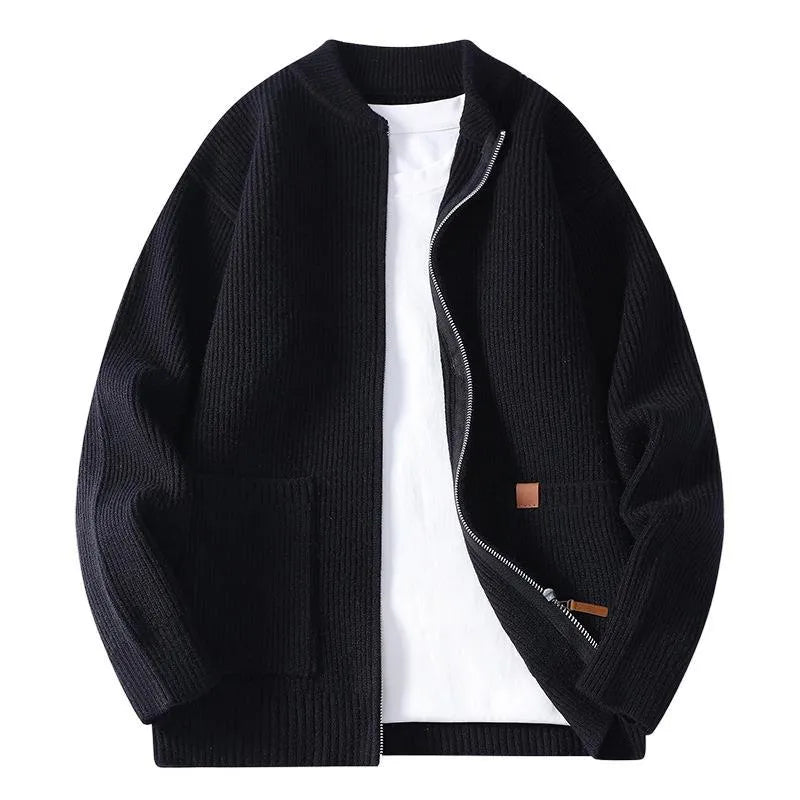 Men's casual sweater cardigan in beige, grey, black, red or green, loose fit, long sleeve, ribbed hem, sizes 165-190