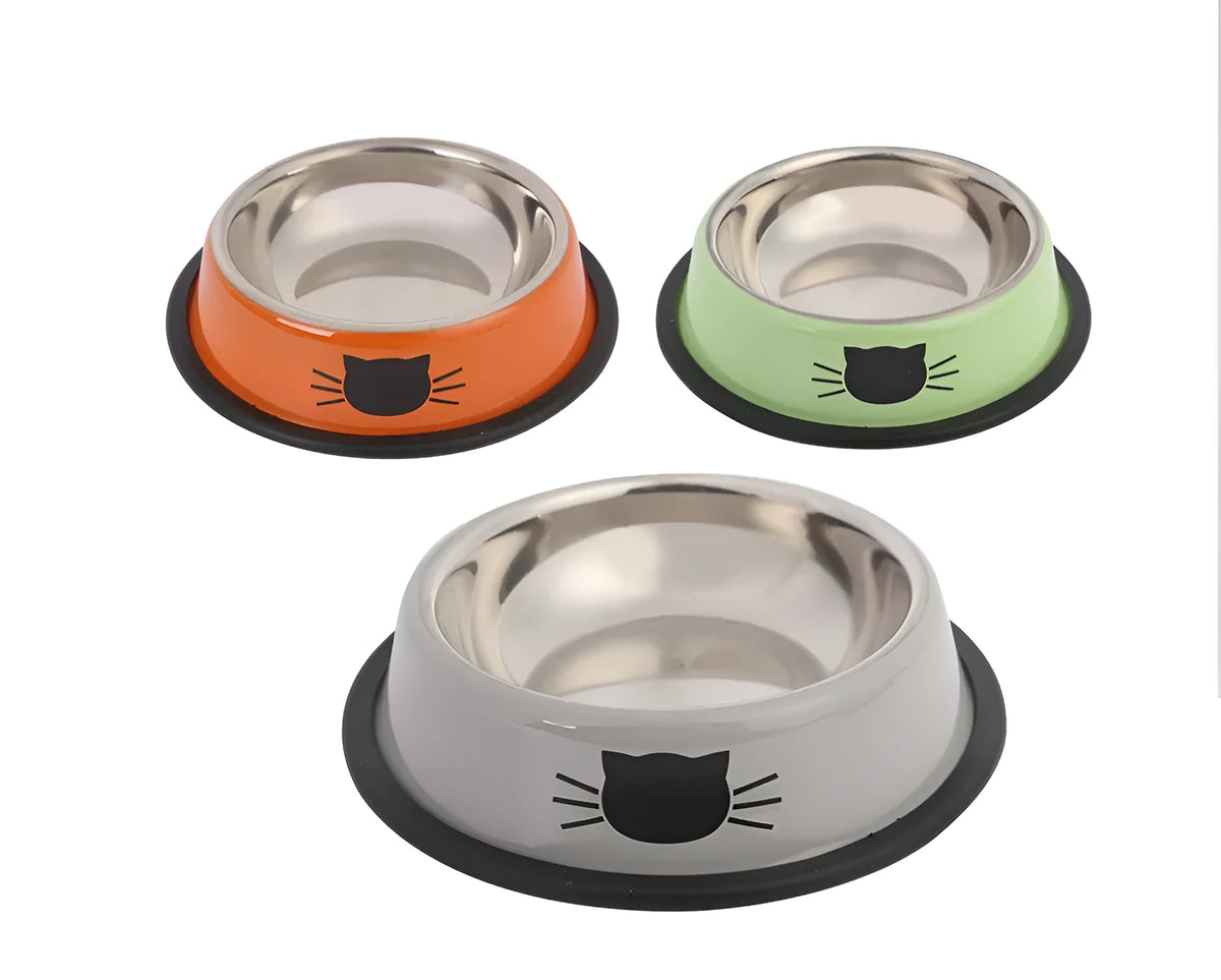 Stainless steel non-slip pet bowl for cats and dogs, 11.5 x 15.5 x 3.5 cm, in purple orange green black grey or sky blue