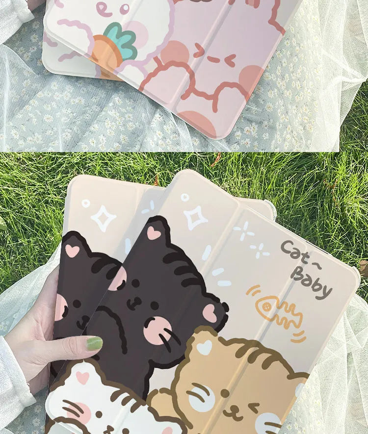 Rabbit cartoon design tri-fold silicone case for iPad showing flat and standing positions
