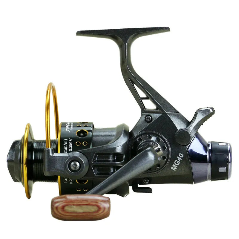 MG30-60 double brake fishing reel with full metal wire cup, folding rocker arm and wooden handle