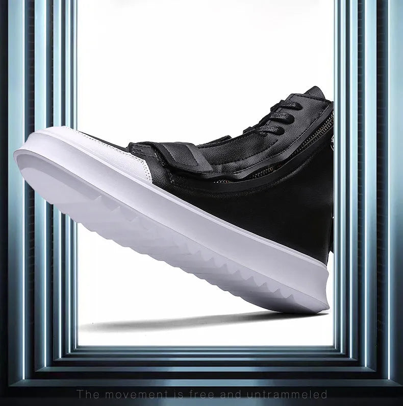 PU leather men's winter ankle boots with microfiber upper in black and white, high-top sneaker style
