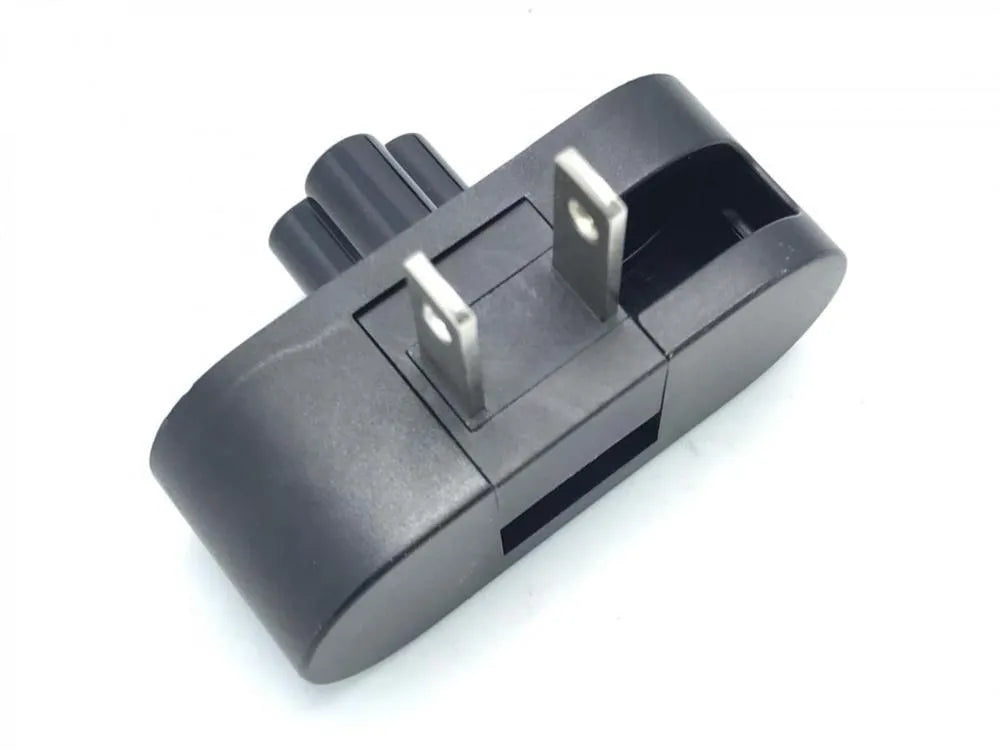 Black notebook power head folding plug with two forks shown in straight and 90-degree positions