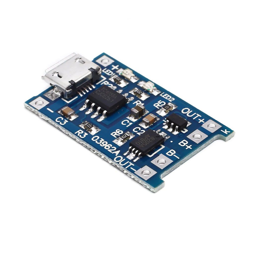 Blue lithium battery charging and protection integrated circuit board measuring 2.6cm by 1.7cm