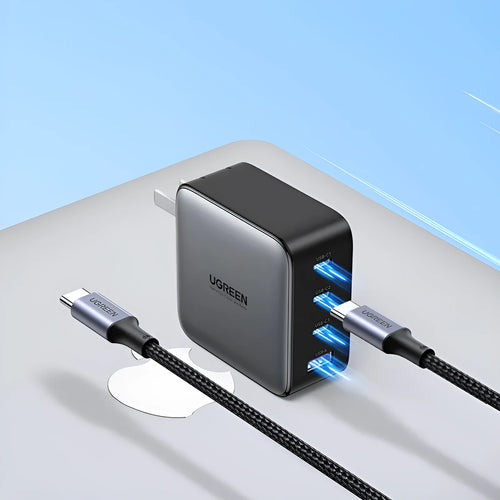 100W Gallium Nitride fast charger plug with USB-C cable on a white background