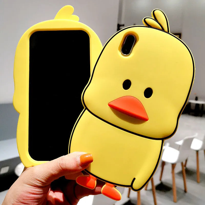 Green silicone iPhone case with animal cartoon design on back cover showing drop and waterproof protection features
