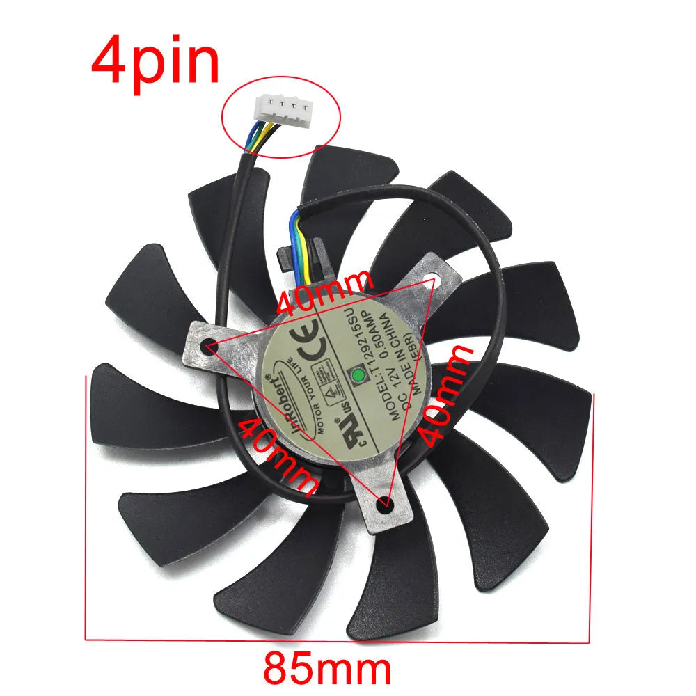 Black 85mm computer cooling fan with 4-pin power connector for graphics card and PC case installation