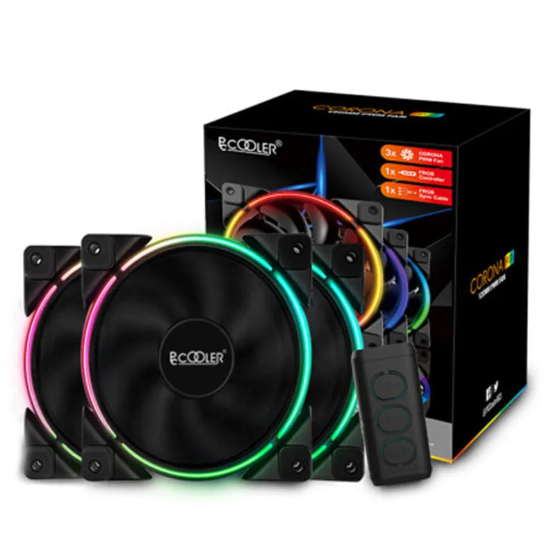 Three black RGB PC cooling fans with hydraulic bearings showing 120 mm diameter and 25 mm thickness