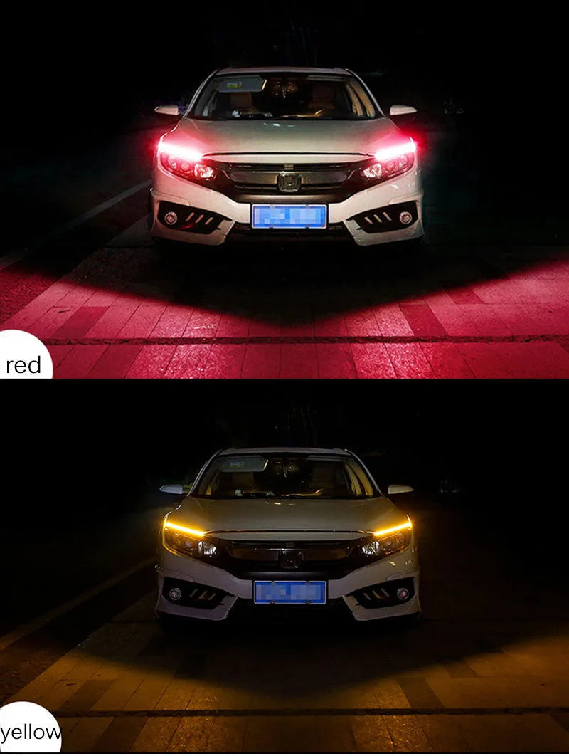 Car LED daytime running light strip with flowing turn signal, showing 0.3cm thickness and wiring connections