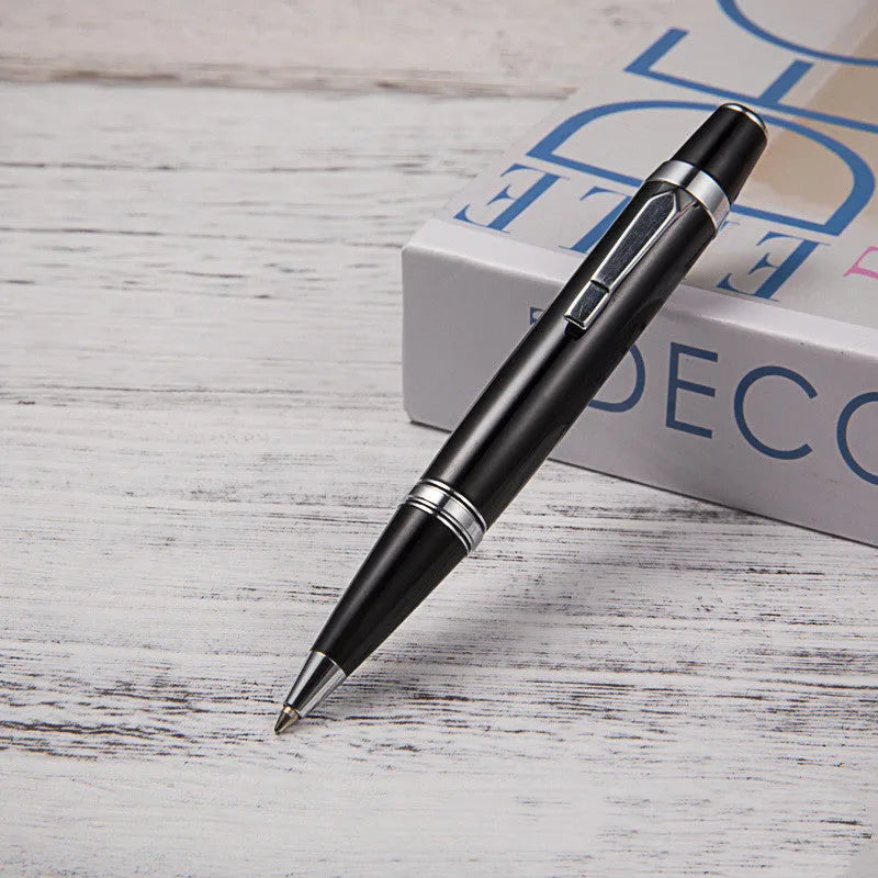 Short metal rotating ballpoint pen with black ink, measuring 112mm length