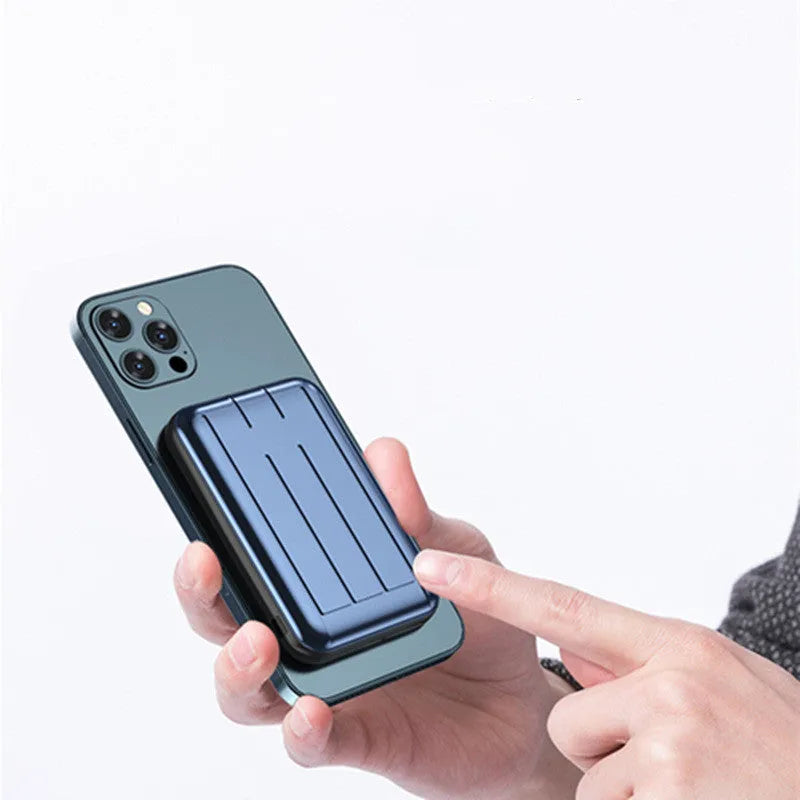 Blue magnetic wireless power bank showing magnetic ring and Multi-U port, dimensions 98x64x16mm.