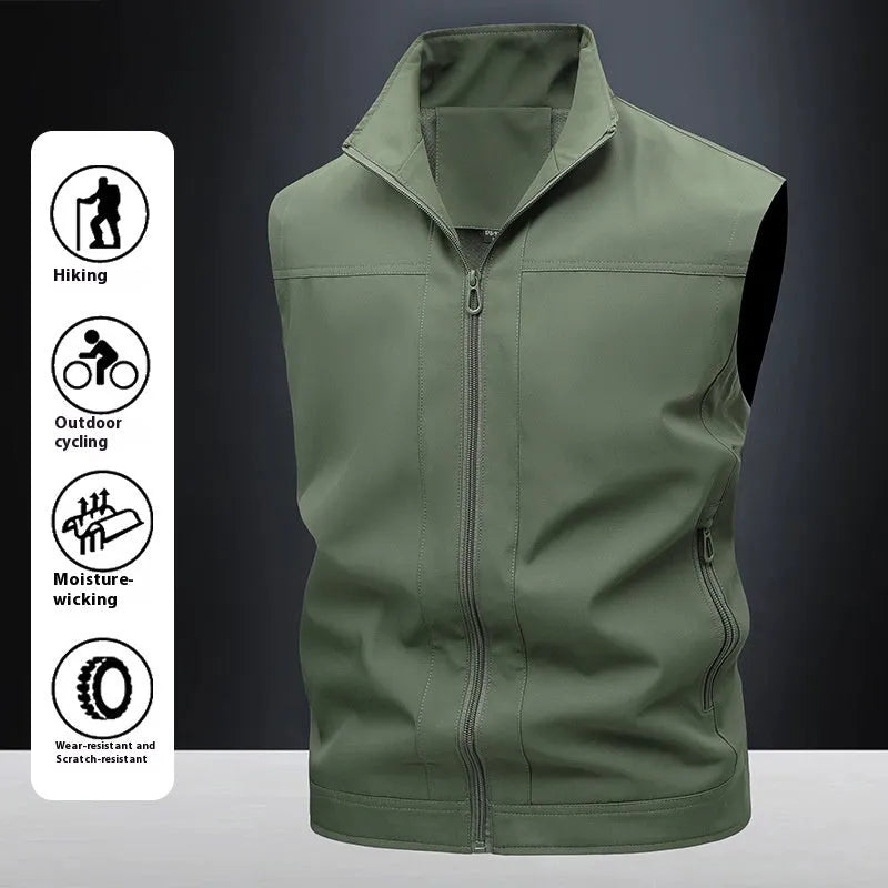 Men's loose-fit stand-up collar workwear shirt in khaki colour showing quick-drying fabric texture