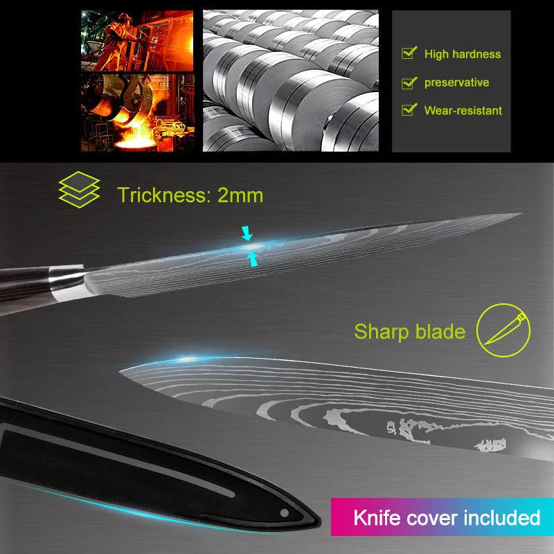 Professional kitchen knife with laser Damascus pattern on 7CR17 stainless steel blade, colour steel handle