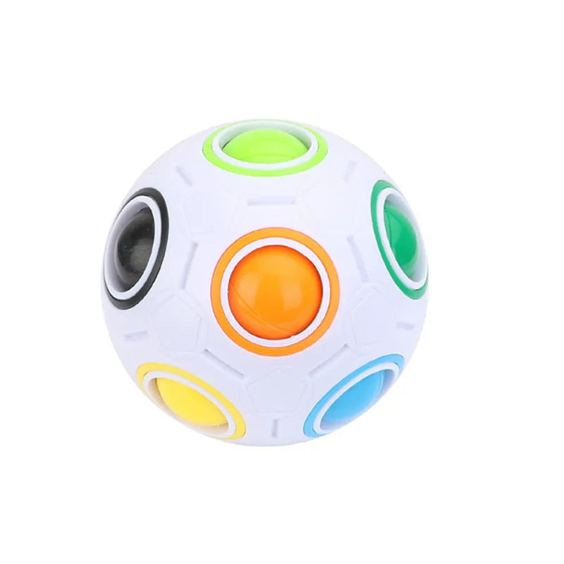 Rainbow coloured plastic ball puzzle with hexagon pattern, 5.5 cm in diameter.