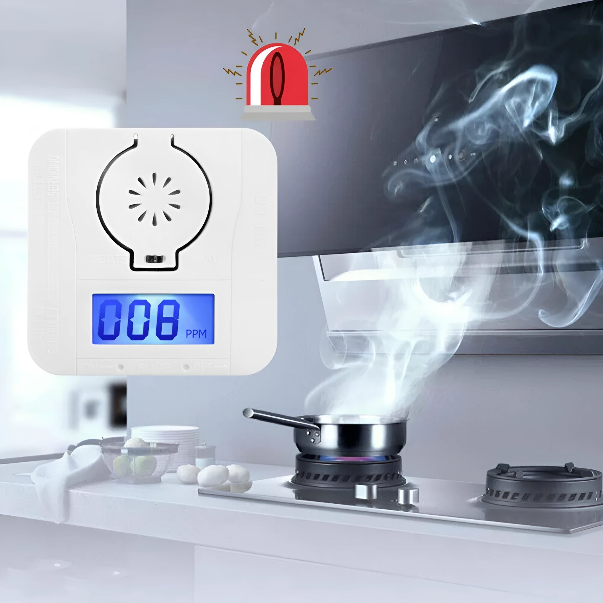 White wireless carbon monoxide alarm unit shown mounted on a wall.