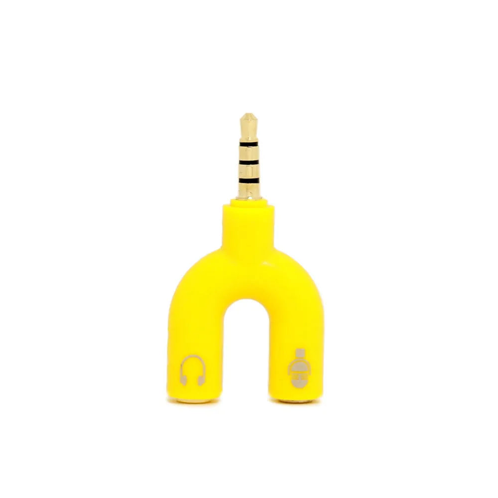 3.5mm audio splitter adapter in multiple colours showing gold-plated connections