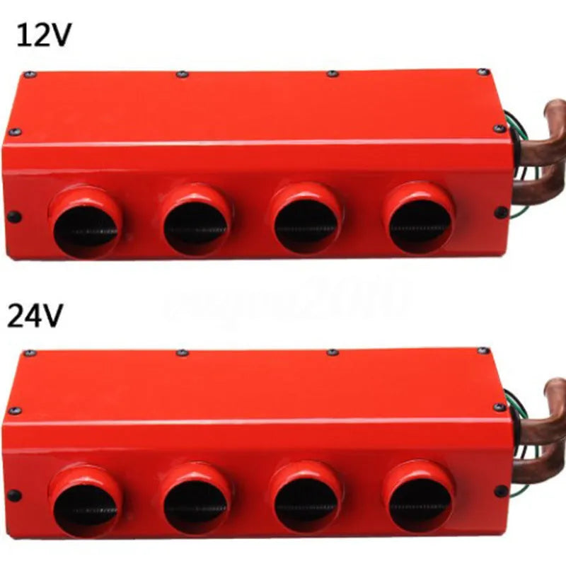Car heater with four copper pipes, metal housing, manual control, dimensions 34x12x8cm, for 12V/24V automotive use