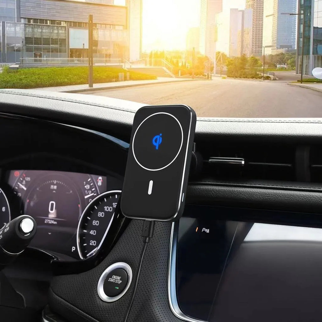 M6 magnetic wireless car charger mounted on vehicle air vent with phone attached